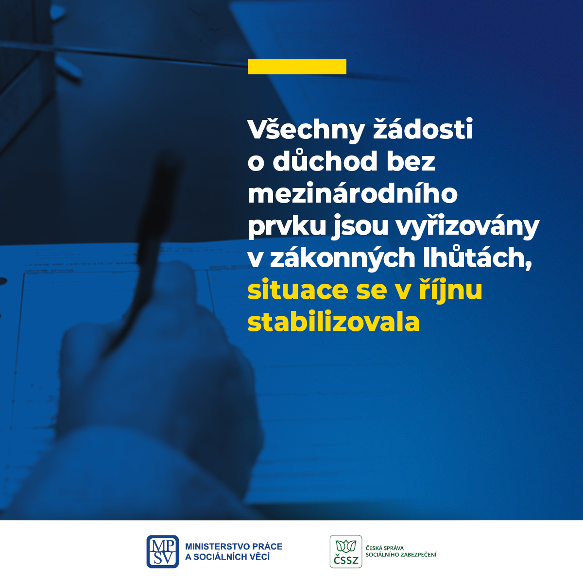 ČSSZ: Všechny žádosti o důchod bez mezinárodního prvku jsou vyřizovány v zákonných lhůtách, situace se v říjnu stabilizovala