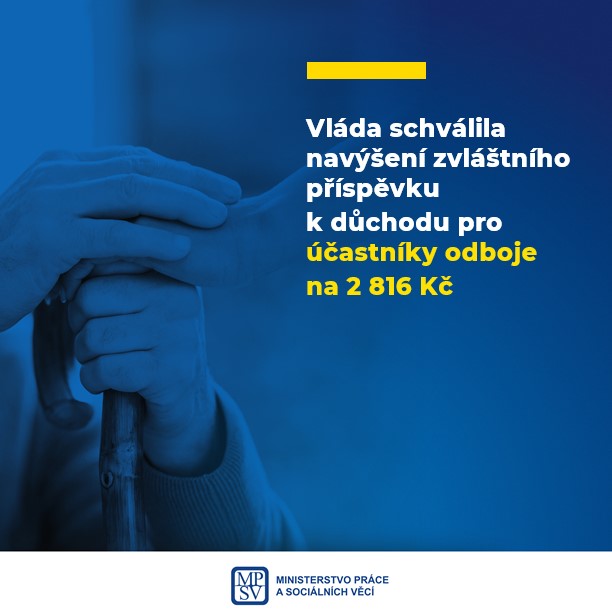 Vláda schválila navýšení zvláštního příspěvku k důchodu pro účastníky odboje na 2 816 Kč