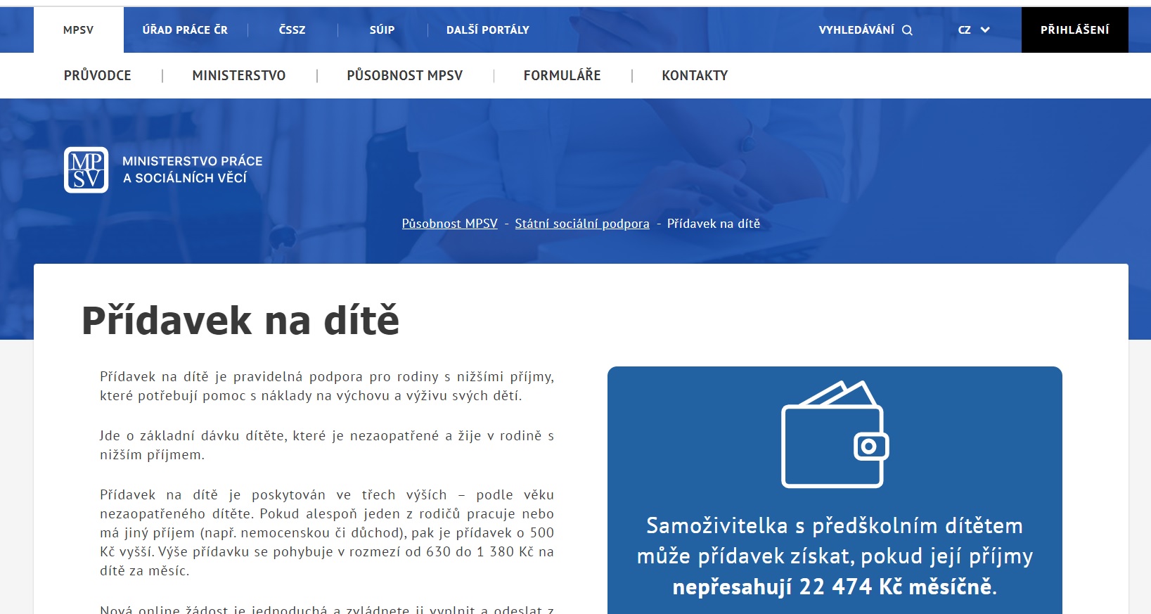 Další zjednodušený formulář: on-line lze ode dneška požádat i o přídavek na dítě